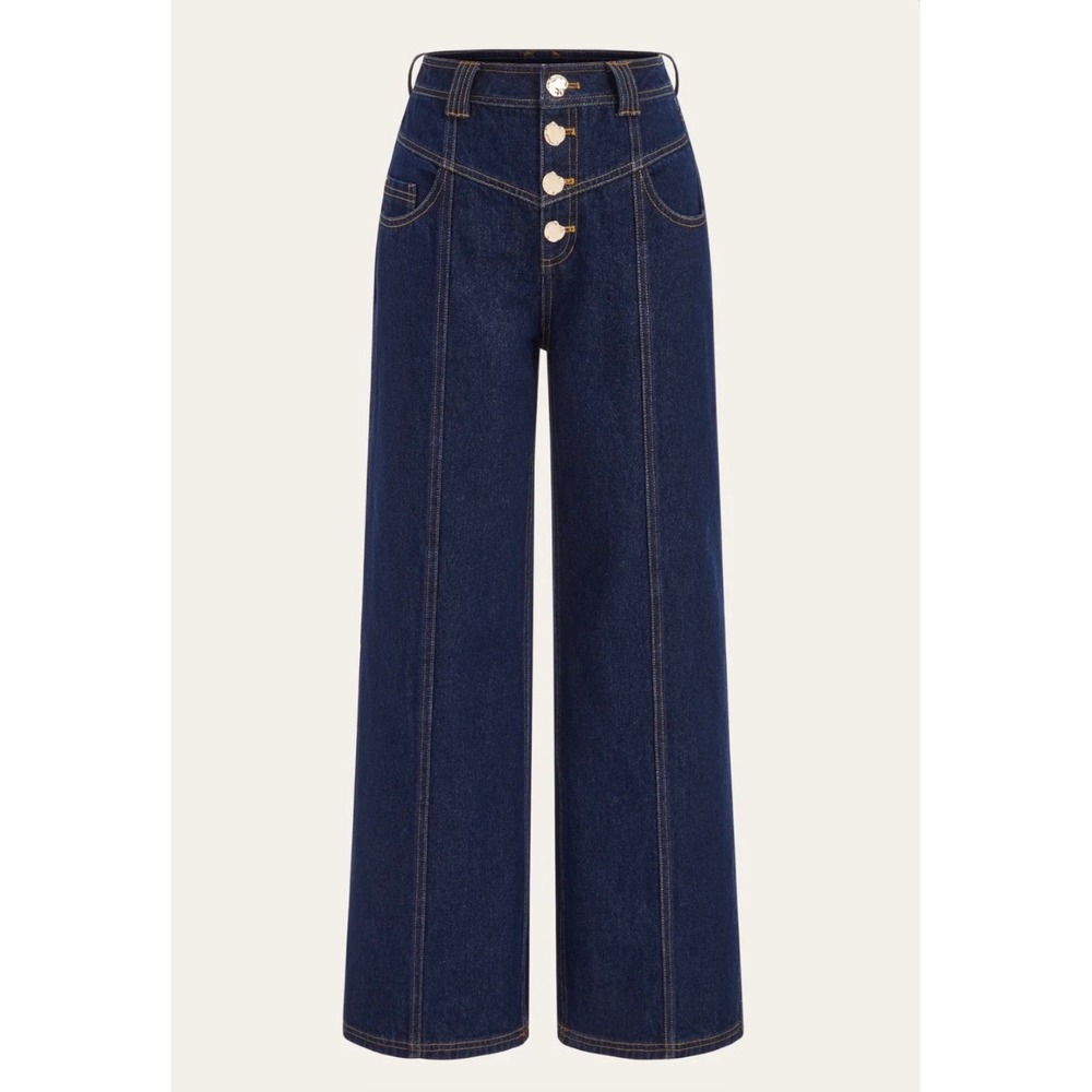 Commense Wide Leg Jeans Dark Blue High Rise Seam Detail Button Front Women Small